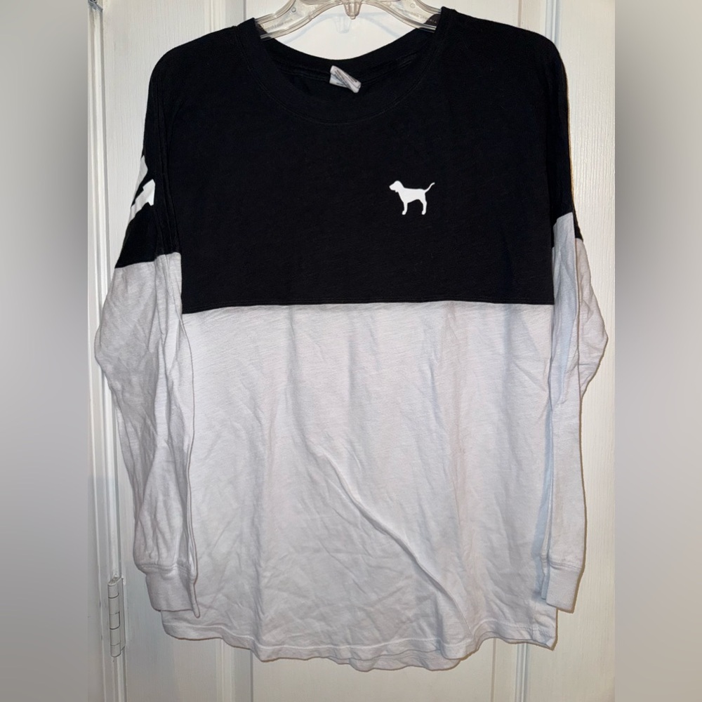 Victoria’s Secret PINK Black White Colorblock Long Sleeve Logo Top Size S